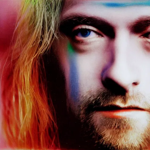 Image similar to colour masterpiece surreal closeup portrait photography of kurt cobain by miho hirano and annie leibovitz and michael cheval, smoke background, 8 k