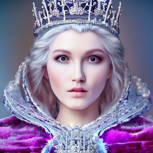 Image similar to beautiful ice queen with ornate cloak and crown, highly detailed, 4k, HDR, smooth, sharp focus, hyper realistic, high resolution, award-winning photo