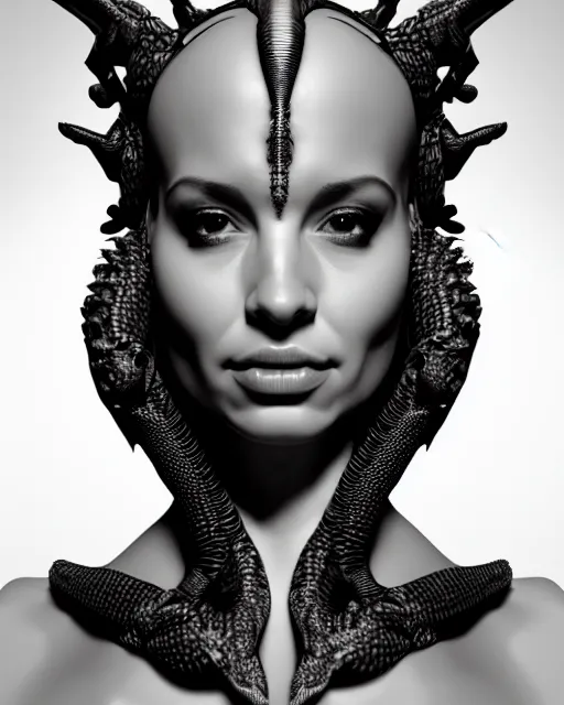 Image similar to a black and white 3D render of a young beautiful female queen-dragon-cyborg bust with a very long neck and Mandelbrot fractal face, Mandelbrot fractal skin, flesh, anatomical, facial muscles, veins, arteries, elegant, highly detailed, flesh highly ornated, hair are cable wires, elegant, high fashion, rim light, octane render, in the style of H.R. Giger, Realistic, Refined, Digital Art, Highly Detailed, Cinematic Lighting, rim light, black and white, photo-realistic, 8K