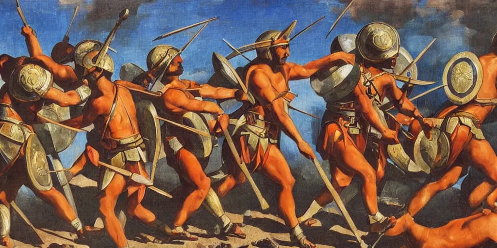 Image similar to italian futurism style painting of greek hoplites at war