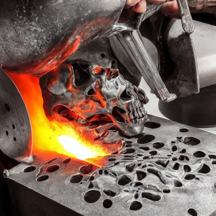 Image similar to wide angle shotmolten metal being poured into a mold in the shape of a punisher skull emblem. background is firey foundry. detailed, high art, intricate, artisan