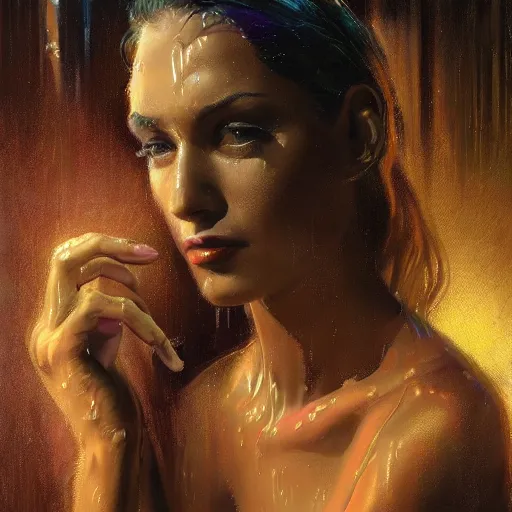 Prompt: detailed face of a woman clothed wrapped in textiles, lush, opulent, fauna, utopian, tech noir, wet reflections, prism, atmospheric, ambient, pj crook, syd mead, livia prima, artgerm, greg rutkowski, nick alm, casey baugh