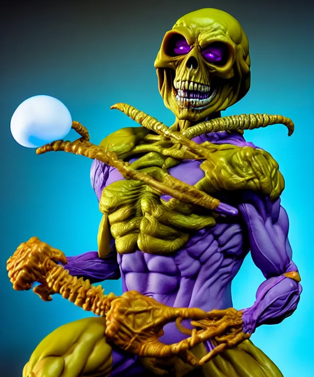 Image similar to hyperrealistic rendering, skeletor, by art of skinner and richard corben and jeff easley, product photography, action figure, sofubi, studio lighting, colored gels