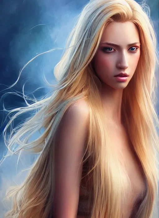 Image similar to picture of a gorgeous female with long blonde hair in the style of stefan kostic, realistic, full body shot, wide angle, sharp focus, 8 k high definition, insanely detailed, intricate, elegant, art by stanley lau and artgerm, floating embers