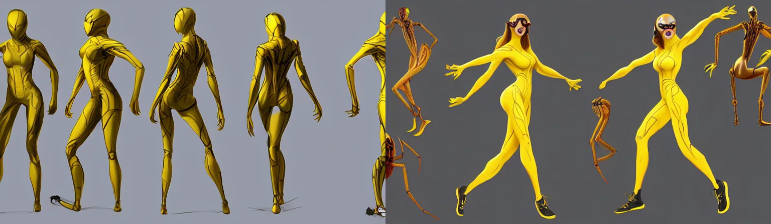 Prompt: full body character turnaround of a woman in an orb weaver spider costume standing in a relaxed pose, running shoes, character sheet, matte painting, spiderwoman!!, john singer sargent, good value control, highly detailed portrait, digital painting, concept art, realistic proportions, realistic proportions, illustration, black and yellow color scheme