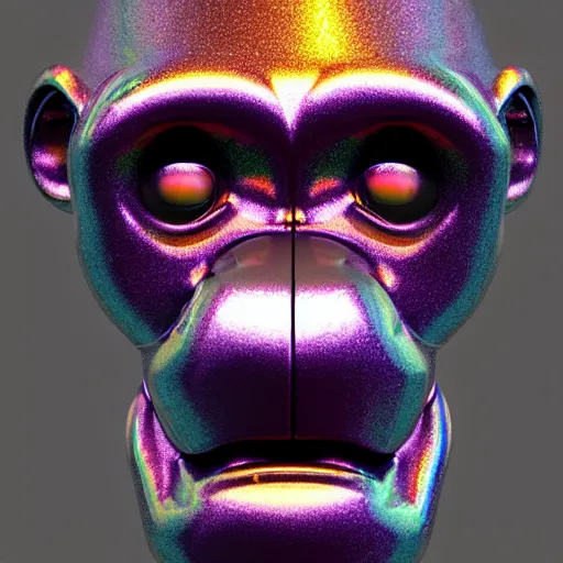 Prompt: 3d render of holographic chimpanzee robotic head made of glossy iridescent, surrealistic 3d illustration of a chimpanzee face non-binary, non binary model, 3d model ape, cryengine, made of holographic texture, holographic material, holographic rainbow, concept of cyborg and artificial intelligence