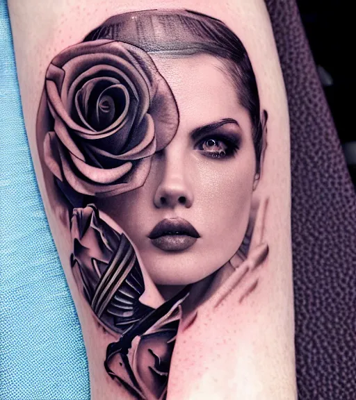 Image similar to tattoo design on white background of a beautiful girl warrior, roses, hyper realistic, realism tattoo, by eliot kohek, beautiful eyes, realistic face, black and white