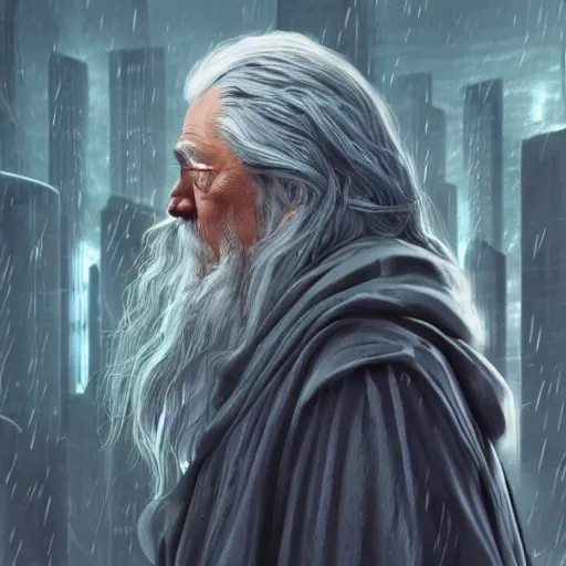 Image similar to cyberpunk gandalf, lord of the rings, photorealistic, 4 k, rain, blade runner, ultra realistic. isometric