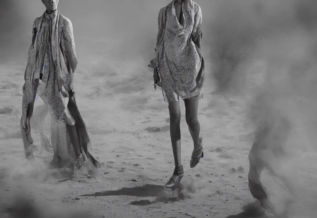 Prompt: fashion editorial in sand storm. wide angle shot. highly detailed.