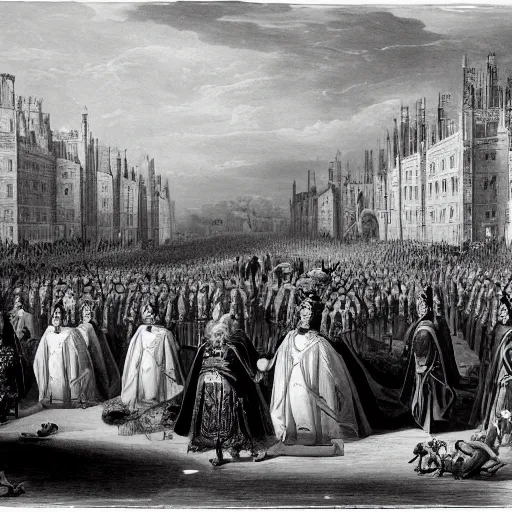 Image similar to Black and White photo of a Royal Procession, the Queen holding hands with the Devil, 4k, highly detailed, 1852