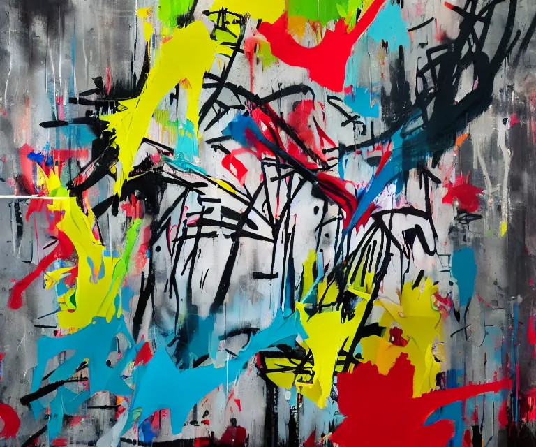 Prompt: acrylic and spraypaint, painting, paint drips, acrylic, graffiti throws, wildstyle, clear shapes, spraypaint, smeared flowers, origami crane drawings, oil pastel gestural lines, large triangular shapes, painting by ashley wood, basquiat, banksy