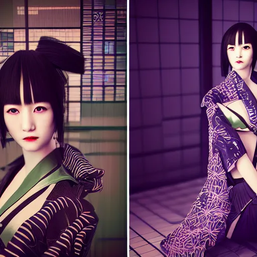 Image similar to cyberpunk japanese kimono inspired avant-garde art, deco fashion, highly detailed, photorealistic portrait, bright studio setting, studio lighting, crisp quality and light reflections, unreal engine 5 quality render