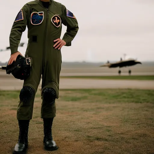Prompt: a Fox dressed in a modern American military jet pilot uniform, 85mm f/1.4