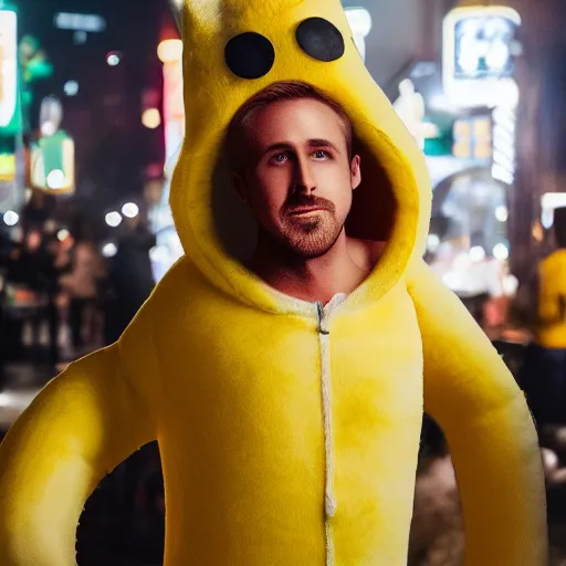 Image similar to ryan gosling inside a banana costume, highly detailed, extremely high quality, hd, 4 k, 8 k, professional photographer, 4 0 mp, lifelike, top - rated, award winning, realistic, detailed lighting, detailed shadows, sharp, no blur, edited, corrected, trending