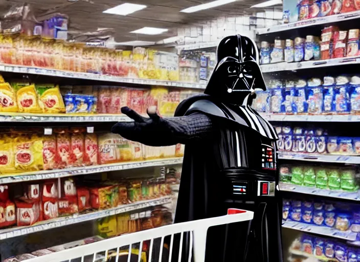 Image similar to film still of Darth Vader goes grocery shopping in the new Star Wars movie, 4k