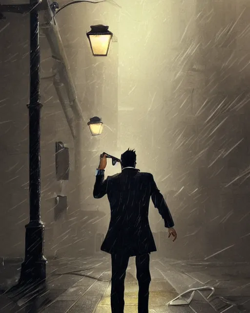 Prompt: a mysterious rugged man in a pinstripe suit holding a pistol in one hand and a briefcase in the other. Raining, street lamps, stormy, atmospheric lighting, mysterious, gloomy. By Makoto Shinkai, Stanley Artgerm Lau, WLOP, Rossdraws, James Jean, Andrei Riabovitchev, Marc Simonetti, krenz cushart, Sakimichan, D&D trending on ArtStation, digital art.