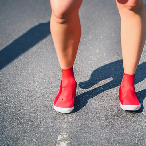 Image similar to a strawberry with cute human legs going for a stroll