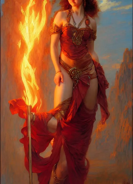 Prompt: young celtic woman, goddess of fire, flowing gown, smug expression, highly detailed painting by gaston bussiere, craig mullins, j. c. leyendecker 8 k full length