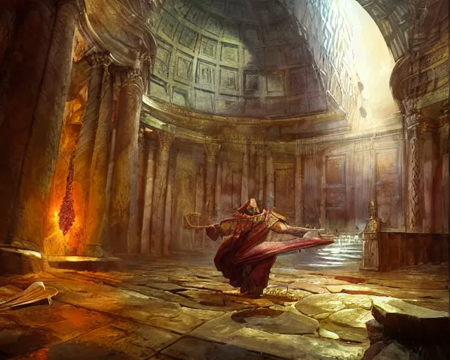 Prompt: a high fantasy warlock creating spells in the pantheon, artwork by marc simonetti