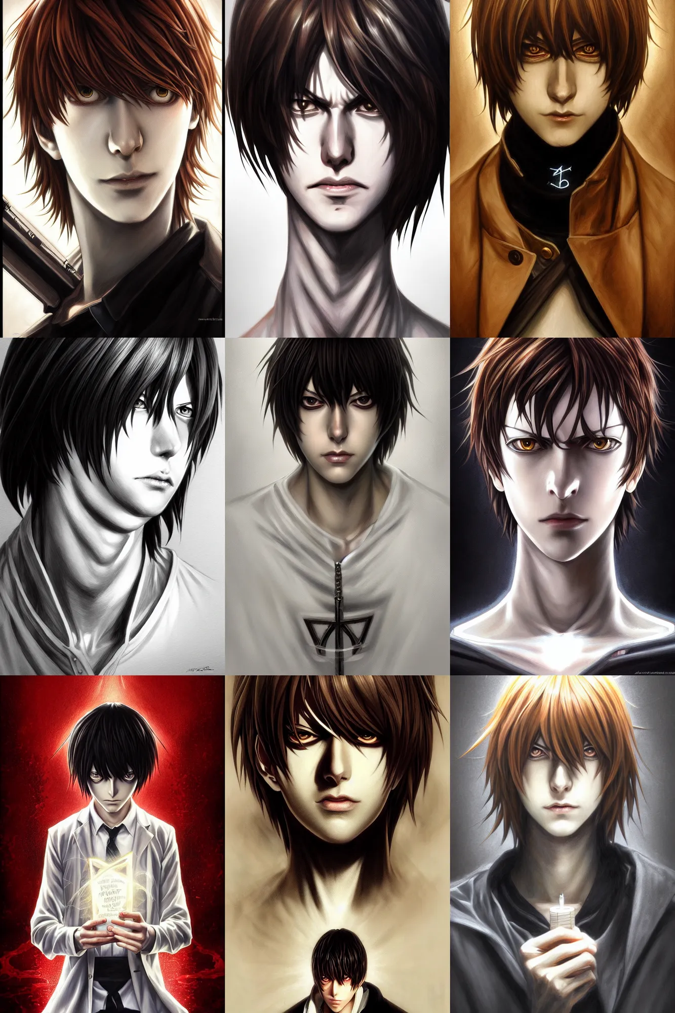 Prompt: light yagami, death note, realistic portrait, symmetrical, highly detailed, digital painting, artstation, concept art, smooth, sharp focus, illustration, cinematic lighting, art by artgerm and greg rutkowski and alphonse mucha