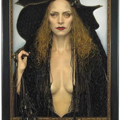 Image similar to portrait of a witch, dressed in black clothes embroidered with gold, by donato giancola, gerald brom, and berthold woltze.