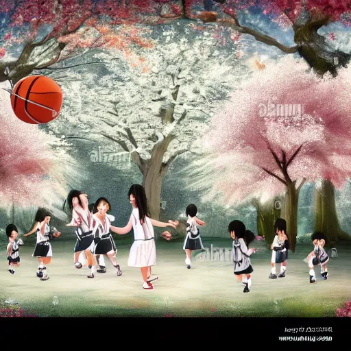 Prompt: hachishakusama wearing a white dress playing basketball against a group of kindergarteners wearing japanese school uniforms, complete detailed body, cherry blossom trees in background, moody atmosphere, digital art, highly detailed, high contrast, beautiful lighting, award winning, trending on art station, photorealistic, 8 k,