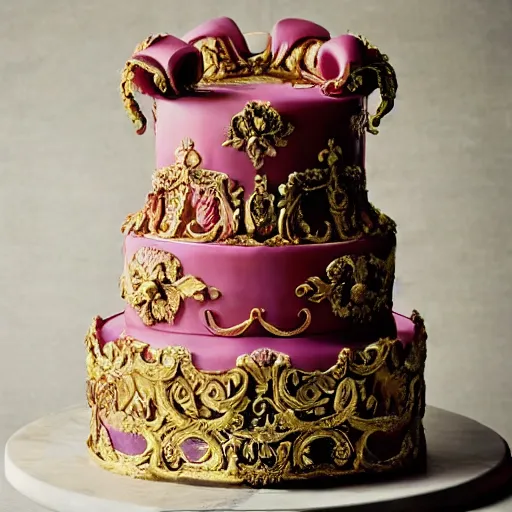 Prompt: photograph of a fancy baroque cake from cookbook in color