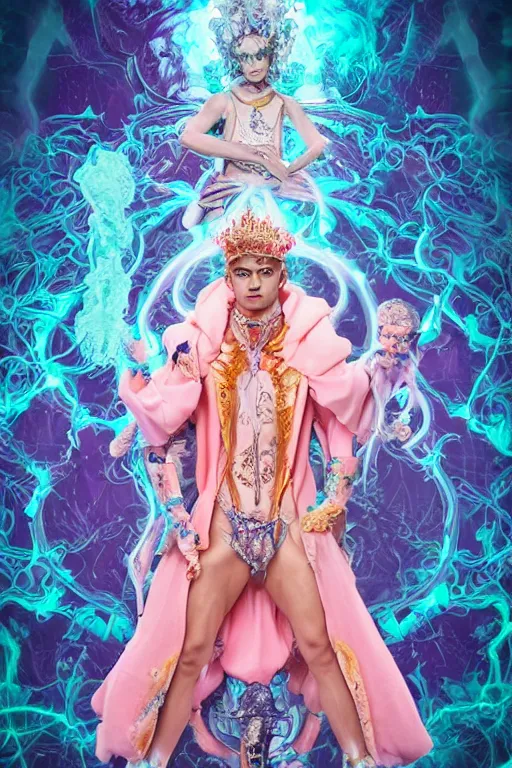 Image similar to full-body rococo and cyberpunk delicate neon crystalline sculpture of ((handsome muscular onyx albino prince Zayn Malik)) as an blue iridescent humanoid deity wearing ((peach plastic hooded cloak)) (holding a human skull) in a onyx castle dungeon, reclining, glowing pink face, crown of (pink lasers), large blue diamonds, swirling black silk fabric. futuristic elements. oozing glowing liquid, full-length view. space robots. intricate artwork by caravaggio. Trending on artstation, octane render, cinematic lighting from the right, hyper realism, octane render, 8k, depth of field, 3D