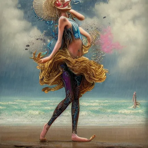 Prompt: a atompunk art raver girl dancing on beach rain and fog peter mohrbacher and chris dyer, intricate detail, finely detailed, small details, extra detail, photorealistic, high resolution, vray, hdr, hyper detailed, insane details, intricate, elite, ornate, elegant, luxury, dramatic lighting, octane render, weta digital, micro details, 3 d sculpture