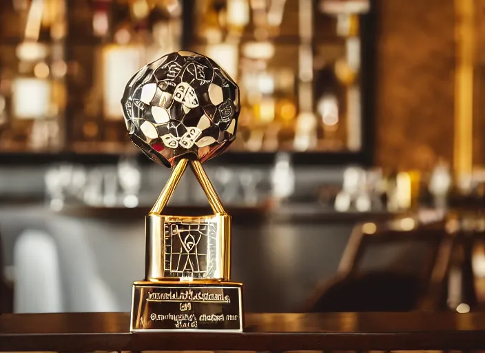 Prompt: a reflective geometric polyhedral steel engineering trophy at a high end bar in a medieval themed castle in golden afternoon light, professional food photography