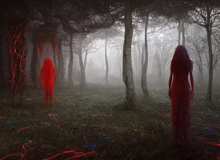 Image similar to rgb, woman, woods, on an alien planet, movie scene, inspired by zdzislaw beksinski, clothes made out of veins,, cables everywhere, bedroom, ultra realistic, concept art, intricate details, highly detailed, photorealistic, octane render, 8 k