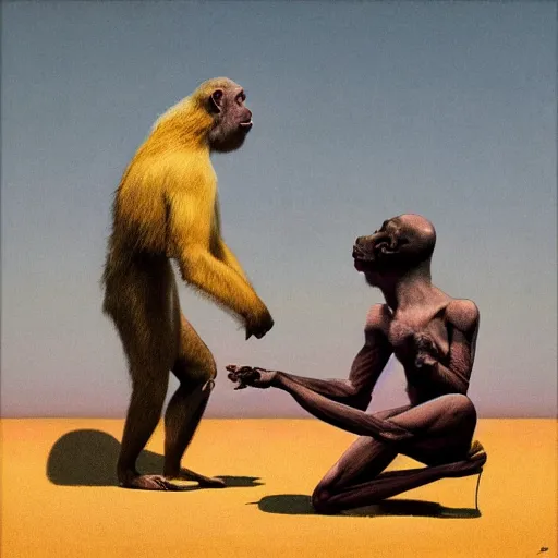 Image similar to monk fight monkey with pink gloves, retro 5 0 s style, art by beksinski and stalenhag