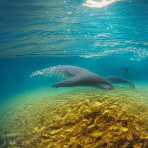 Prompt: underwater ocean, ten whales swimming up to the surface, pod, calm, realistic, peaceful, light rays, beautiful, majestic, dapple, deep ocean