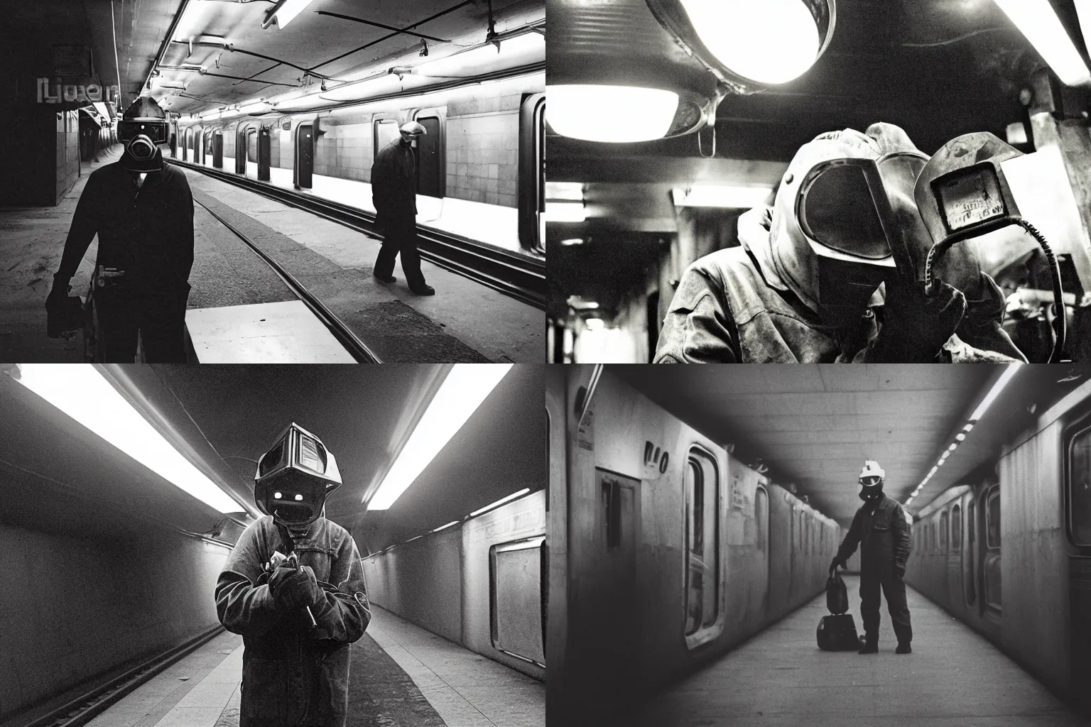 Prompt: welder in welding mask in the subway, ominous lighting, by richard avedon, tri - x pan stock