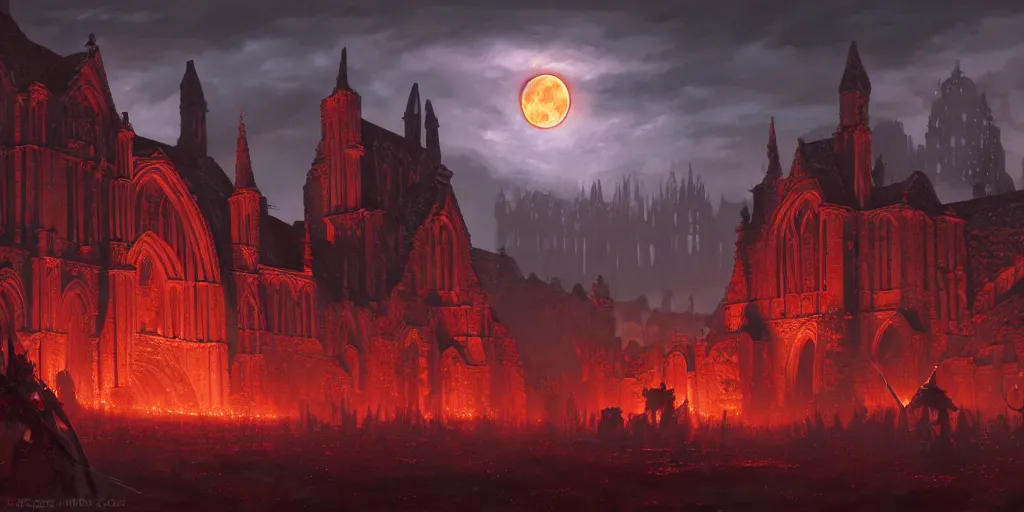 Image similar to highly detailed portrait painting of ancient abbey warhammer battle, old abbey in the background, full red moon, by eddie mendoza and tyler edlin, 8 k resolution