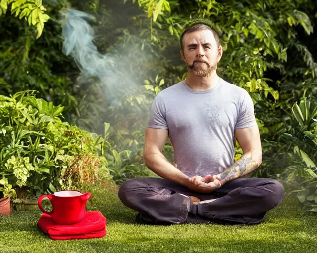 Image similar to mr robert is drinking fresh tea, smoke pot and meditate in a garden from spiral mug, detailed glad face, muscular hands and arms, golden hour closeup photo, red elegant shirt, eyes wide open, ymmm and that smell