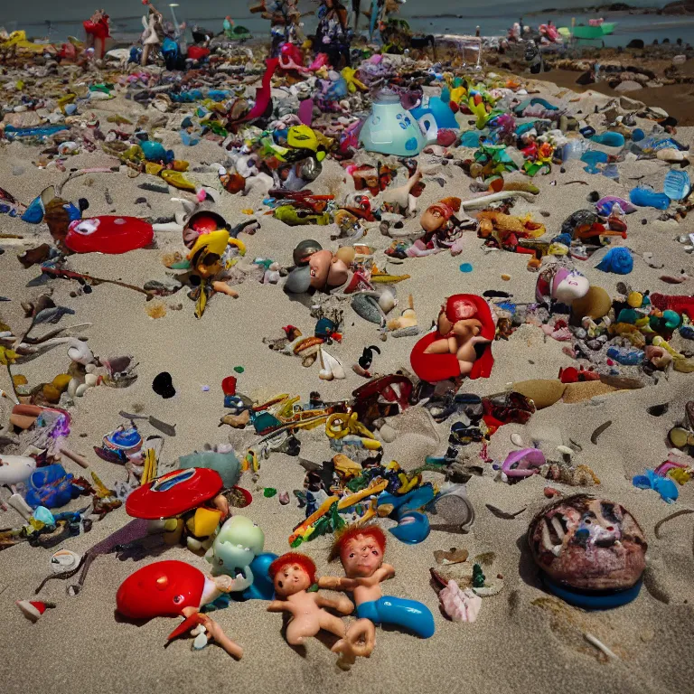 Image similar to surreal hyperrealistic photograph of a beach, toy dolls and parts of toy dolls strewn about, shot toward the ocean, wide shot, long shot