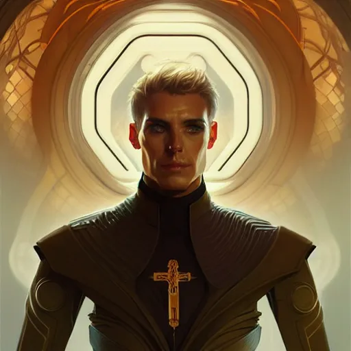 Image similar to futuristic male priest, sci-fi, fantasy, intricate, elegant, serious, highly detailed, digital painting, artstation, concept art, smooth, sharp focus, illustration, art by artgerm and greg rutkowski and alphonse mucha