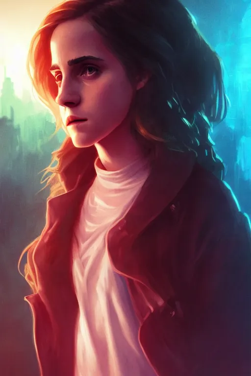 Image similar to portrait of Emma Watson as Hermione Granger in cyberpunk, neon lighting, night city, digital art from artstation by Ruan Jia and Mandy Jurgens and Artgerm and william-adolphe bouguereau and Greg Rutkowski and Wayne Barlowe