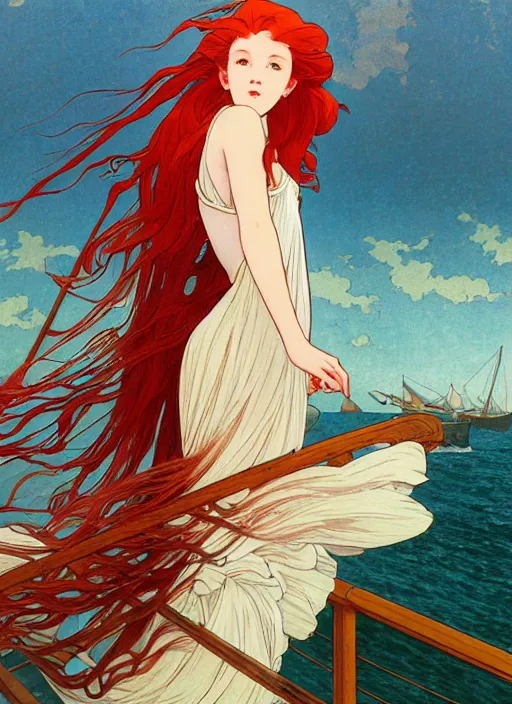 Image similar to a pretty young woman with long red hair blowing in the wind is leaning on the rail of a sailing ship, looking out to sea, path traced, highly detailed, high quality, digital painting, by studio ghibli and alphonse mucha, ron cobb, leesha hannigan, hidari, art nouveau, chiho aoshima, jules bastien - lepage