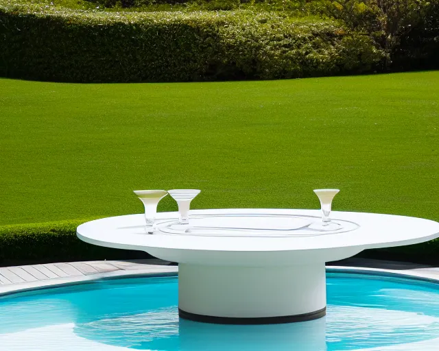 Prompt: 5 5 mm photo of cocktail glasson a zen minimalist round white table with gorgeous pool in the background. highly detailed 8 k. intricate. lifelike. soft light,