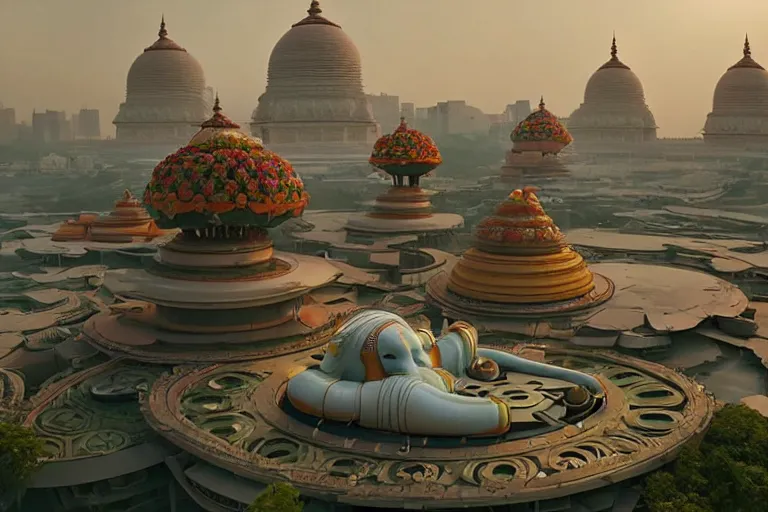 Image similar to beautiful futuristic new delhi, sci - fi ganesha!! building, kalighat flowers, octane highly detailed cinematic, stephen shore & john j. park, soft morning light, wide shot, aerial shot, uhd 8 k, shallow depth of field