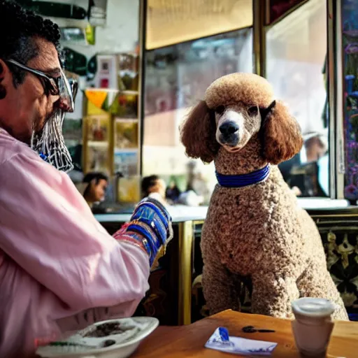 Image similar to a poodle wearing traditional Bedouin garb studying physiology in a cafe in Amman, Jordan