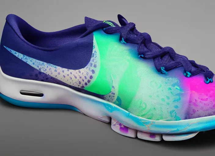 Image similar to A nike shoe with an squid design, tentacles, studio product photography, gradient background