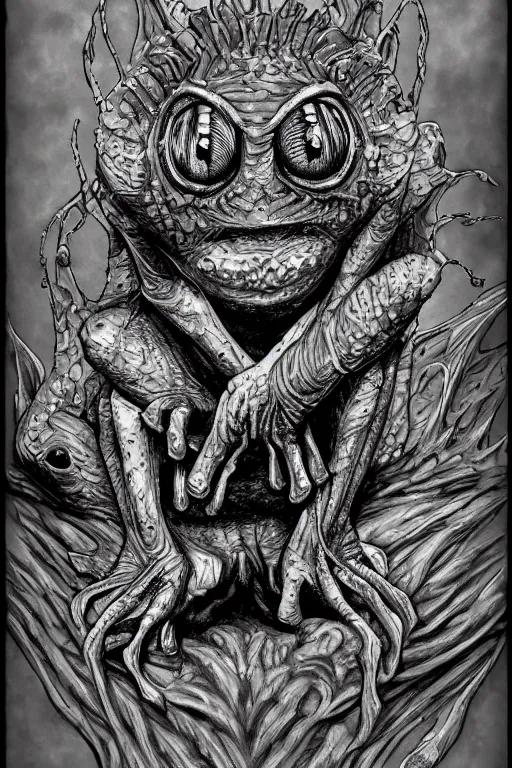 Image similar to frog goblin, symmetrical, goblin, highly detailed, digital art, sharp focus, trending on art station, kentaro miura manga art style