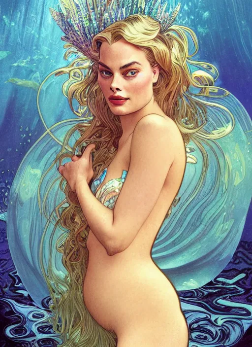 Prompt: Margot Robbie as mermaid underwater, full body shot, cute, fantasy, intricate, elegant, highly detailed, digital painting, 4k, HDR, concept art, smooth, sharp focus, illustration, art by alphonse mucha,artgerm, H R Giger