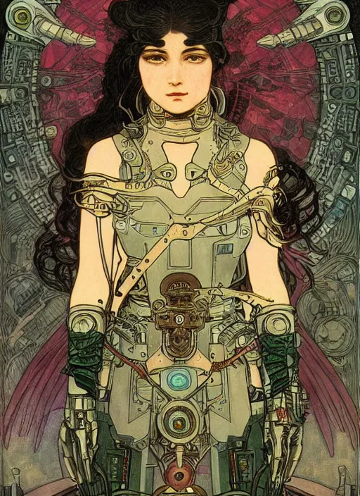 Image similar to portrait of a cyborg warrior girl character sitting on top of a robot dinosaur bird flying in space, epic character with dark skin and beautiful green eyes. the girl has a very beautiful detailed symmetrical face, long black hair. fantasy illustration by mucha