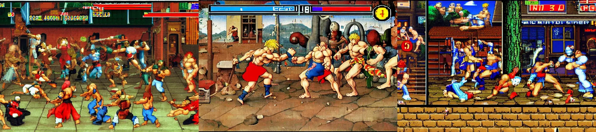 Prompt: screenshot of streetfighter 2 arcade game, artwork by hieronymus bosch