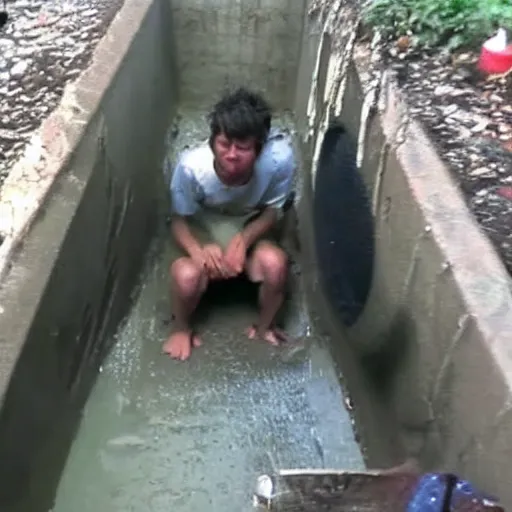 Image similar to man stuck inside a sewer, desperate, bad quality, shaky camera, funny