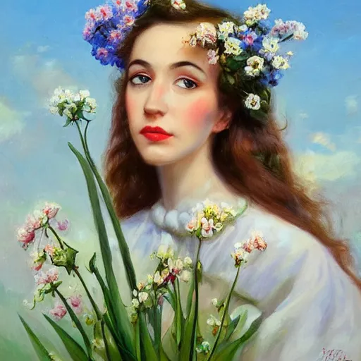 Image similar to a portrait of a romantic woman with flowers grow out of hair, roses peonies forget-me-nots dahlias lupins gladioli, sky theme in background, by Alexandr Averin, Digital Art, Trending on artstation